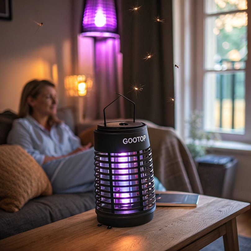 A digital photograph showcases a GOOTOP Bug Zapper in a dimly lit indoor room. The zapper emits a soft purple glow, highlighting its cylindrical design with protective ABS plastic casing. In the blurred background, a person relaxes on a couch, emphasizing the bug zapper’s discreet and home-friendly presence.