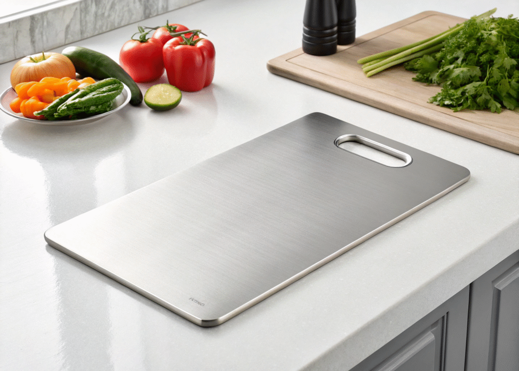 Stron-Dura stainless steel cutting board with raw meat on top, rectangular 11.5 x 8 inches, ultra-thin brushed finish, oval handle, on a clean white countertop