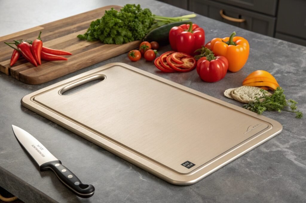 Durable titanium cutting board with reversible surfaces, ergonomic grip handles, and sleek design for modern home kitchens.