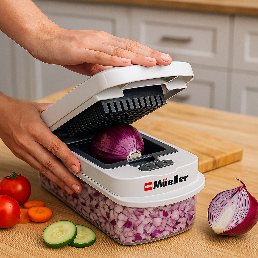 Mueller Pro Series Vegetable Chopper with 8 Blades – Heavy Duty Manual Food Chopper for Quick Dicing and Slicing