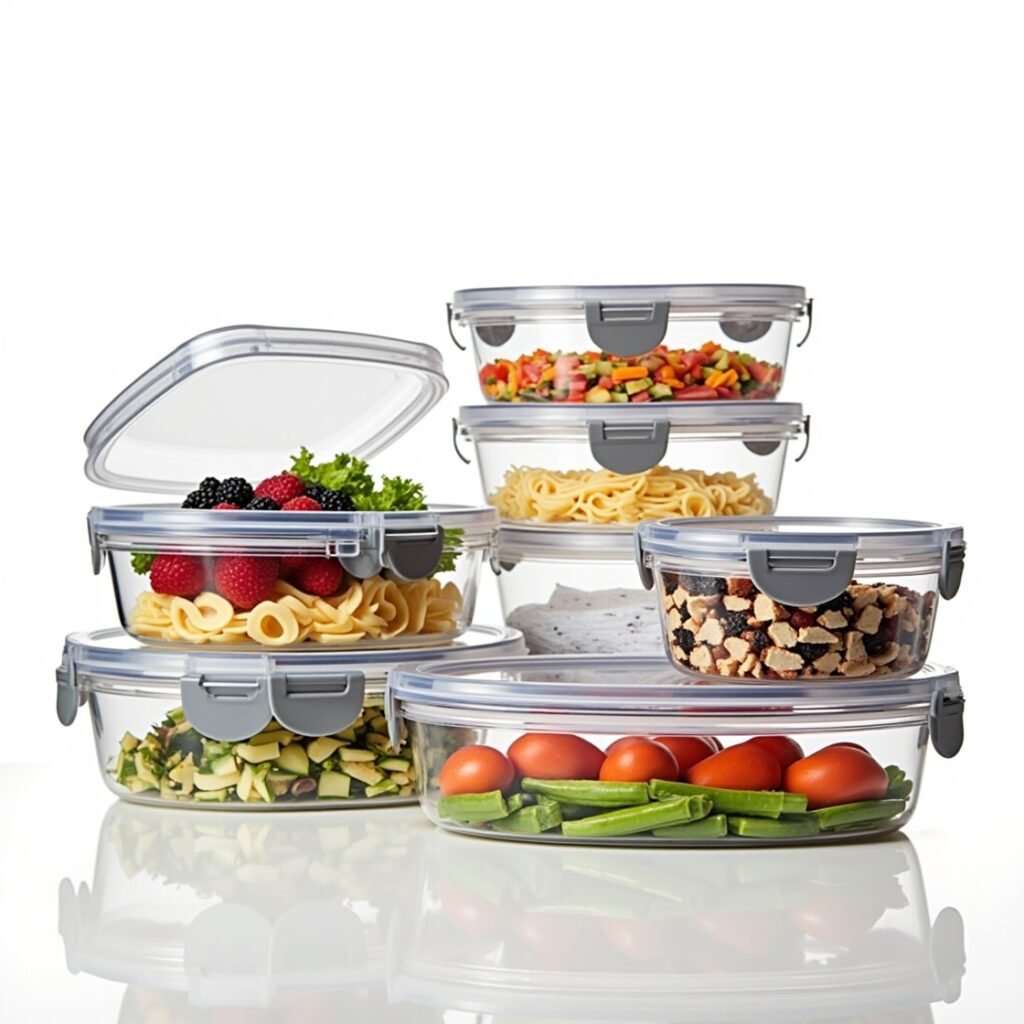 Rubbermaid Brilliance 5-piece food storage containers filled with colorful meals, showing clear airtight lids and stackable design on a kitchen countertop.”