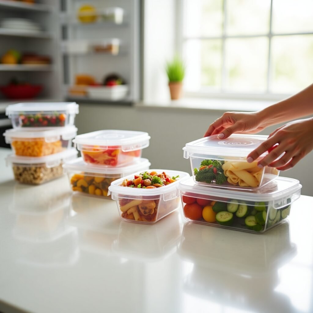 Rubbermaid Brilliance 5-piece food storage containers filled with colorful meals, showing clear airtight lids and stackable design on a kitchen countertop.”