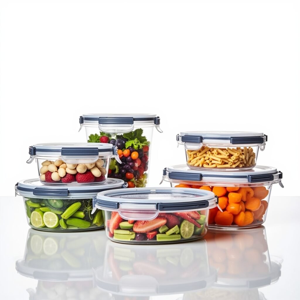 Rubbermaid Brilliance 5-piece food storage containers filled with colorful meals, showing clear airtight lids and stackable design on a kitchen countertop.”