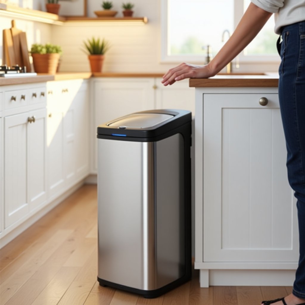 Person using 13-gallon touchless stainless steel trash can in modern kitchen