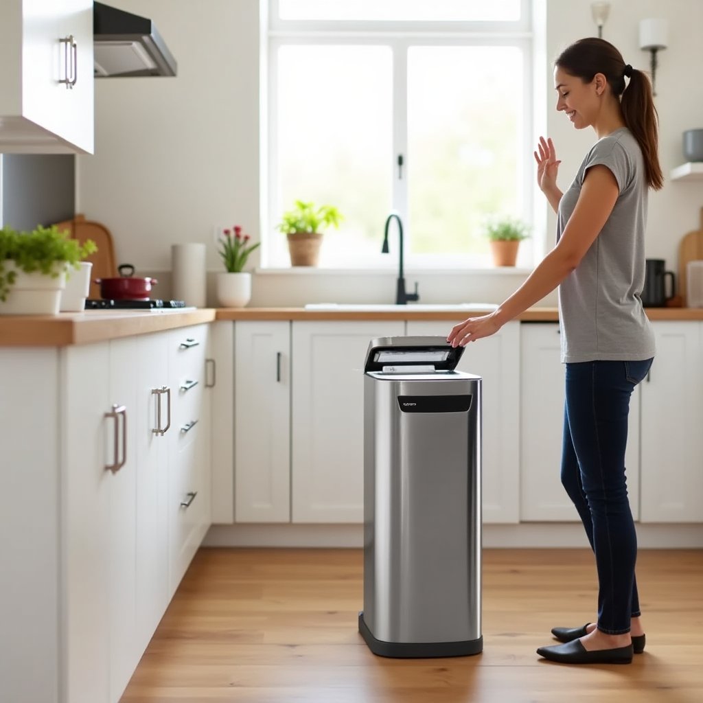 Person using 13-gallon touchless stainless steel trash can in modern kitchen