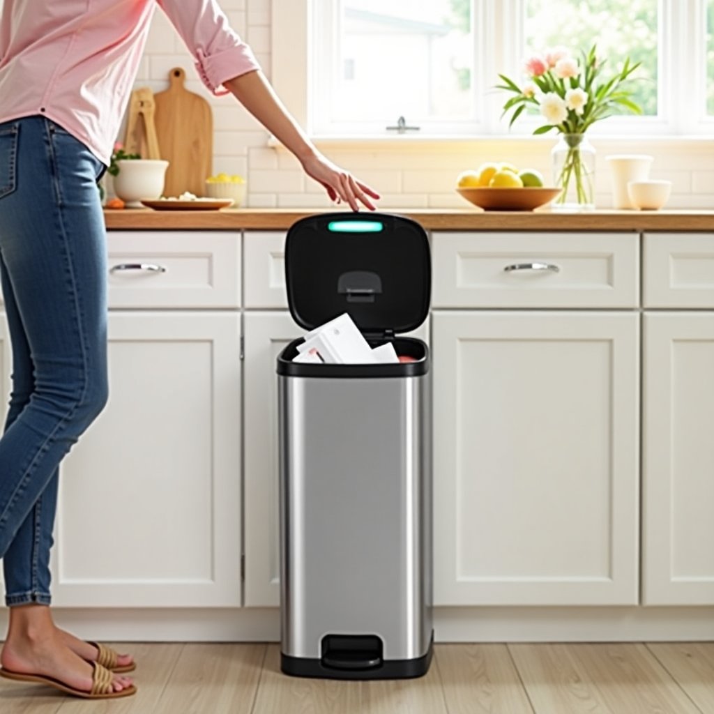 Person using 13-gallon touchless stainless steel trash can in modern kitchen