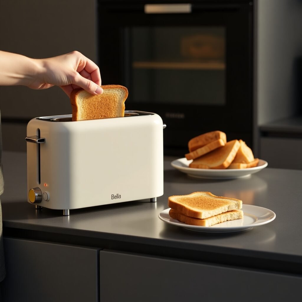 Ultra-slim Bella 2 Slice Slim Toaster in oatmilk color on a black reflective surface with dramatic lighting, showing slim profile and modern design