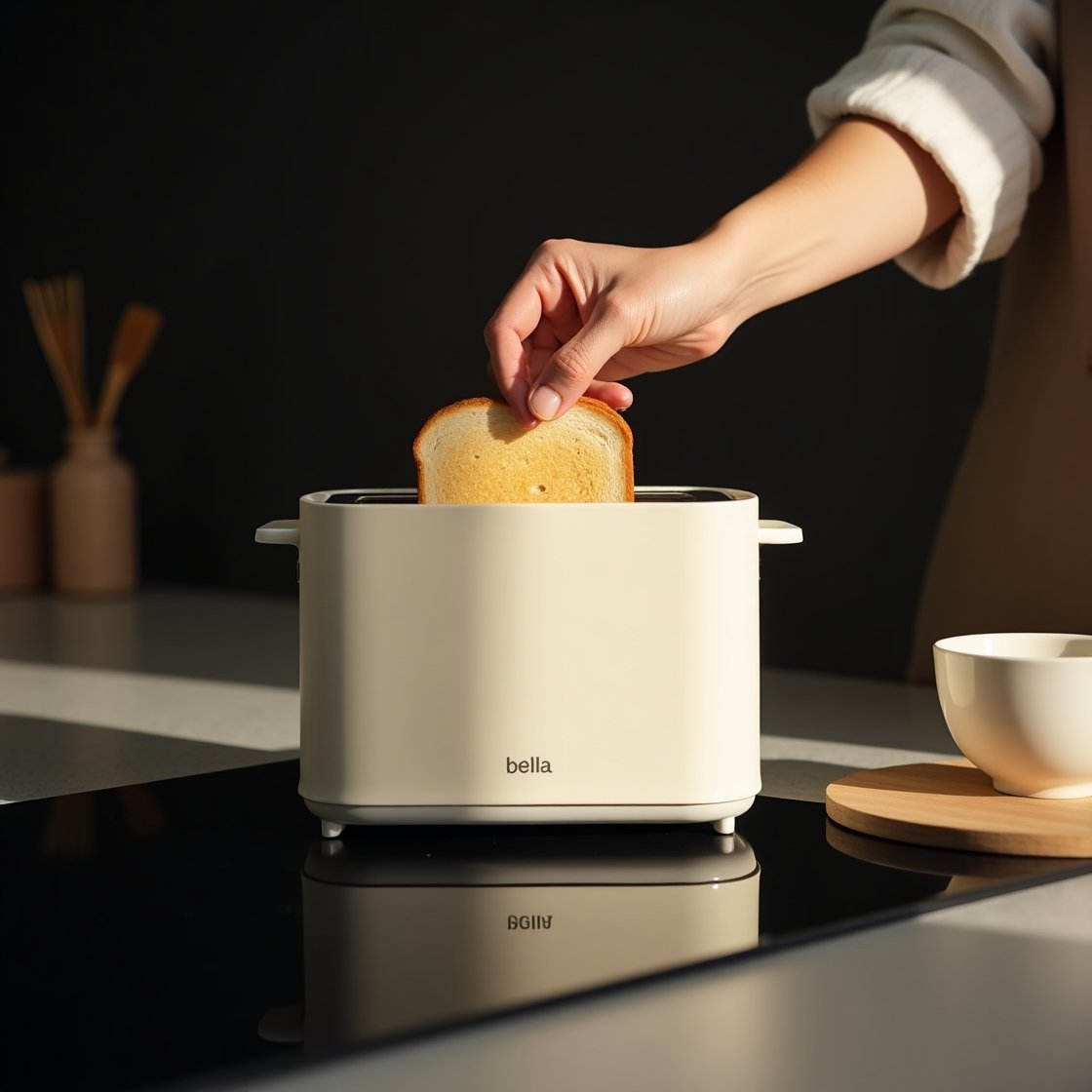 Ultra-slim Bella 2 Slice Slim Toaster in oatmilk color on a black reflective surface with dramatic lighting, showing slim profile and modern design