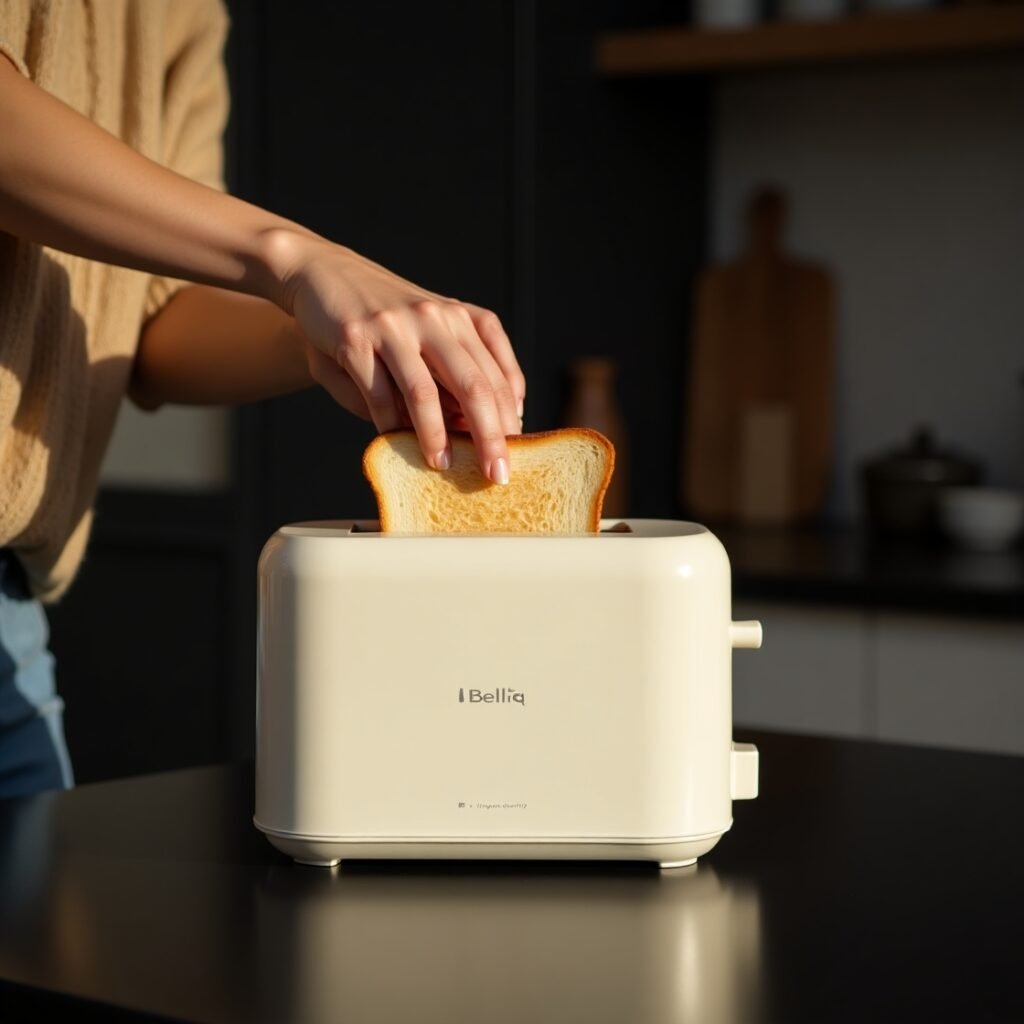 Ultra-slim Bella 2 Slice Slim Toaster in oatmilk color on a black reflective surface with dramatic lighting, showing slim profile and modern design