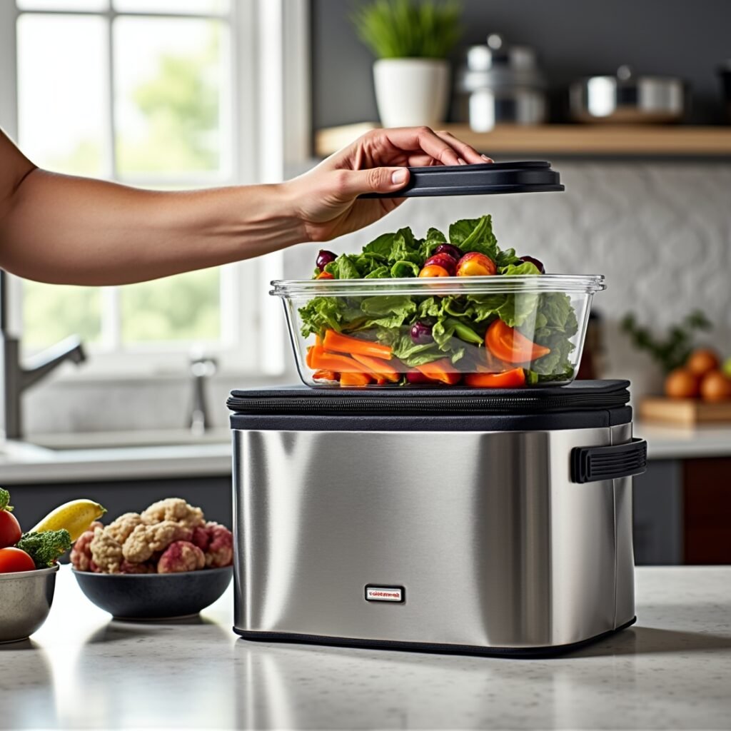 Rubbermaid Brilliance 5-piece food storage containers filled with colorful meals, showing clear airtight lids and stackable design on a kitchen countertop.”