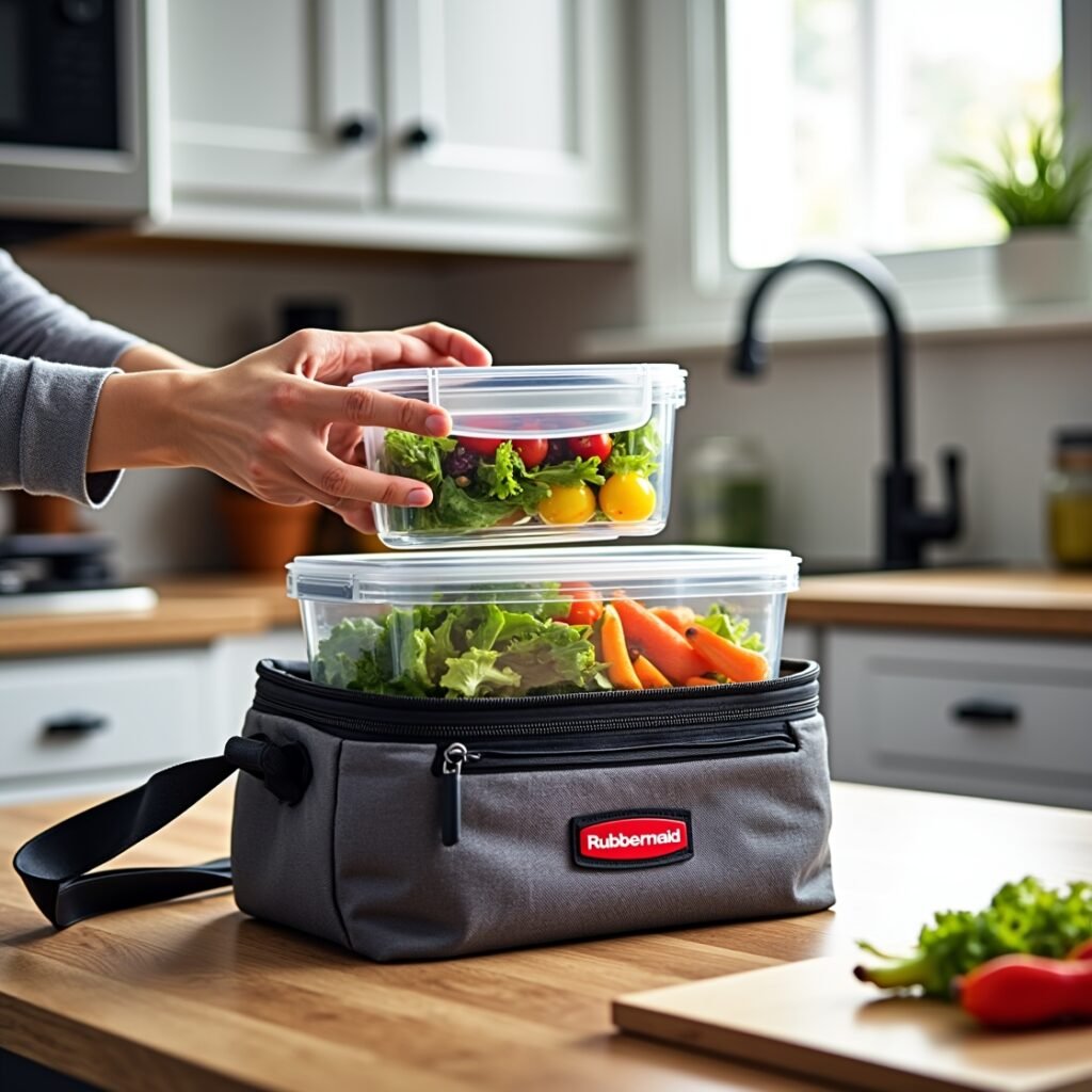 Rubbermaid Brilliance 5-piece food storage containers filled with colorful meals, showing clear airtight lids and stackable design on a kitchen countertop.”