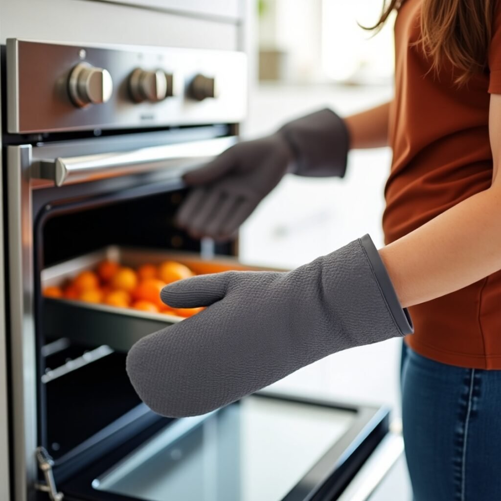 Person using KEGOUU oven mitts to remove hot tray from oven in modern kitchen
