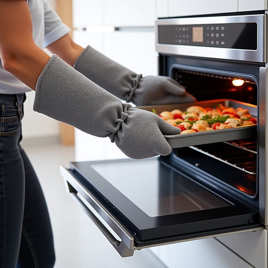 KEGOUU heat-resistant gloves in action while baking in a home kitchen