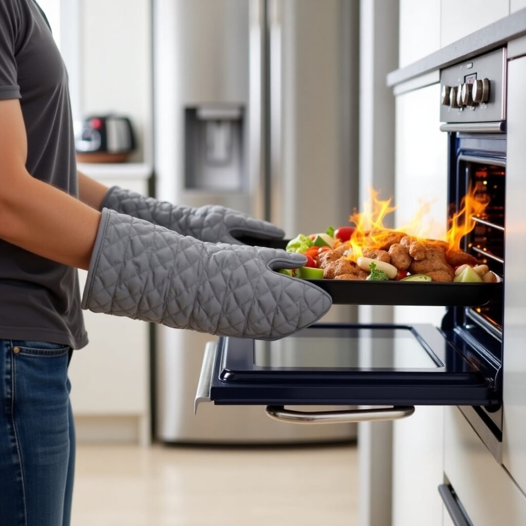 Person using KEGOUU oven mitts to remove hot tray from oven in modern kitchen