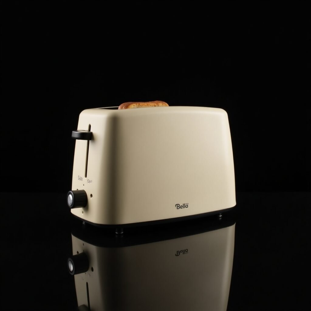 Ultra-slim Bella 2 Slice Slim Toaster in oatmilk color on a black reflective surface with dramatic lighting, showing slim profile and modern design