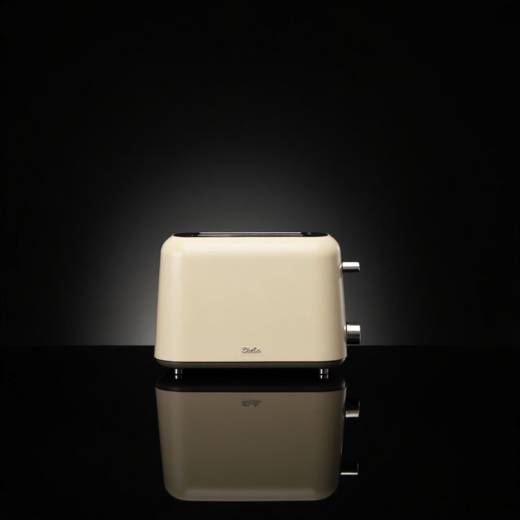 Ultra-slim Bella 2 Slice Slim Toaster in oatmilk color on a black reflective surface with dramatic lighting, showing slim profile and modern design