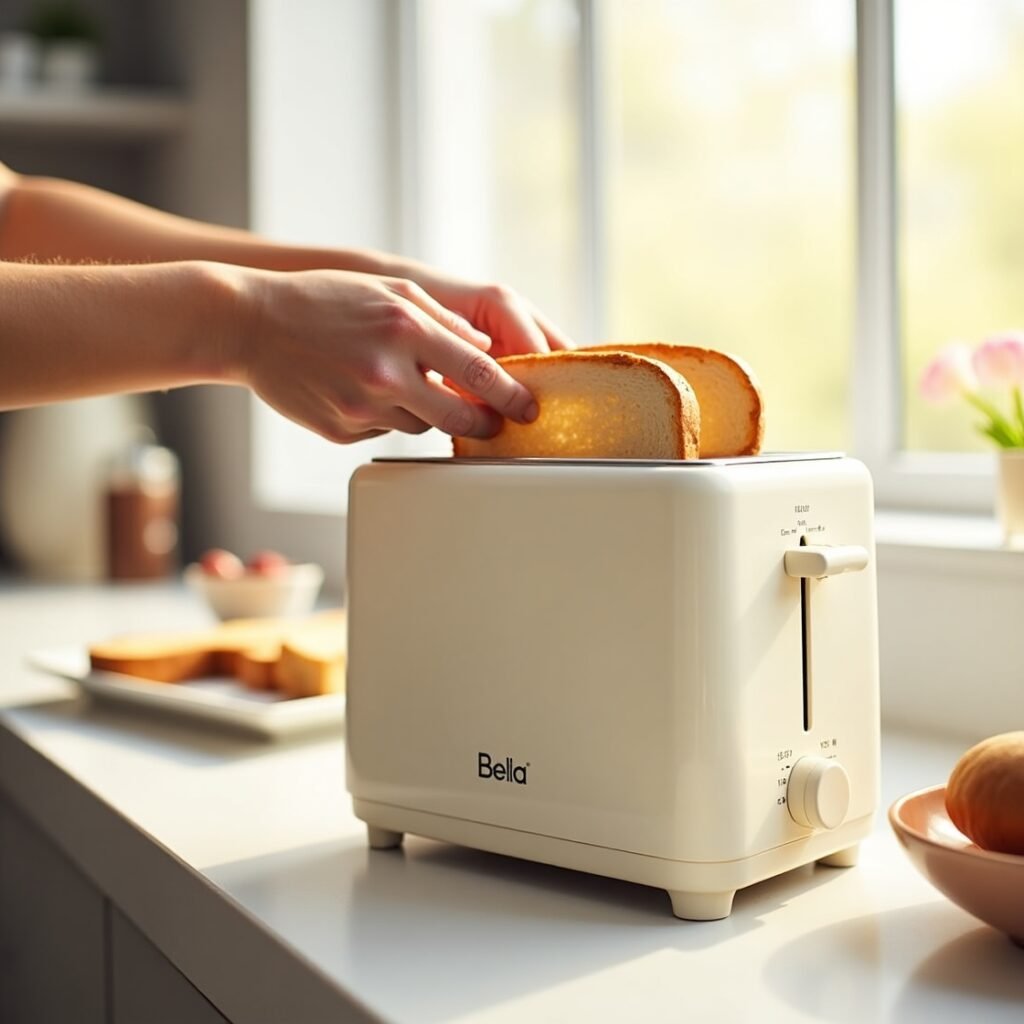 Ultra-slim Bella 2 Slice Slim Toaster in oatmilk color on a black reflective surface with dramatic lighting, showing slim profile and modern design
