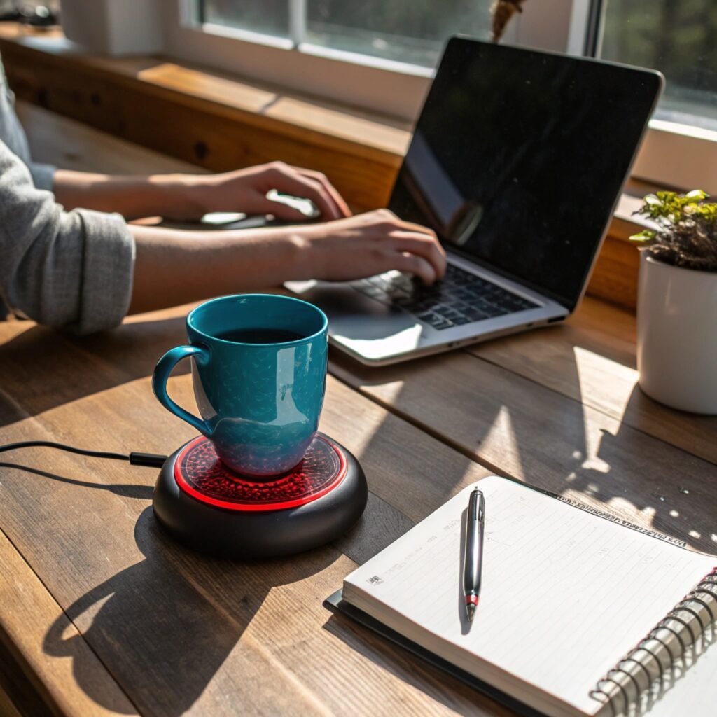 Black ceramic mug placed on a black electric coffee warmer with red glowing heat plate on a wooden desk

