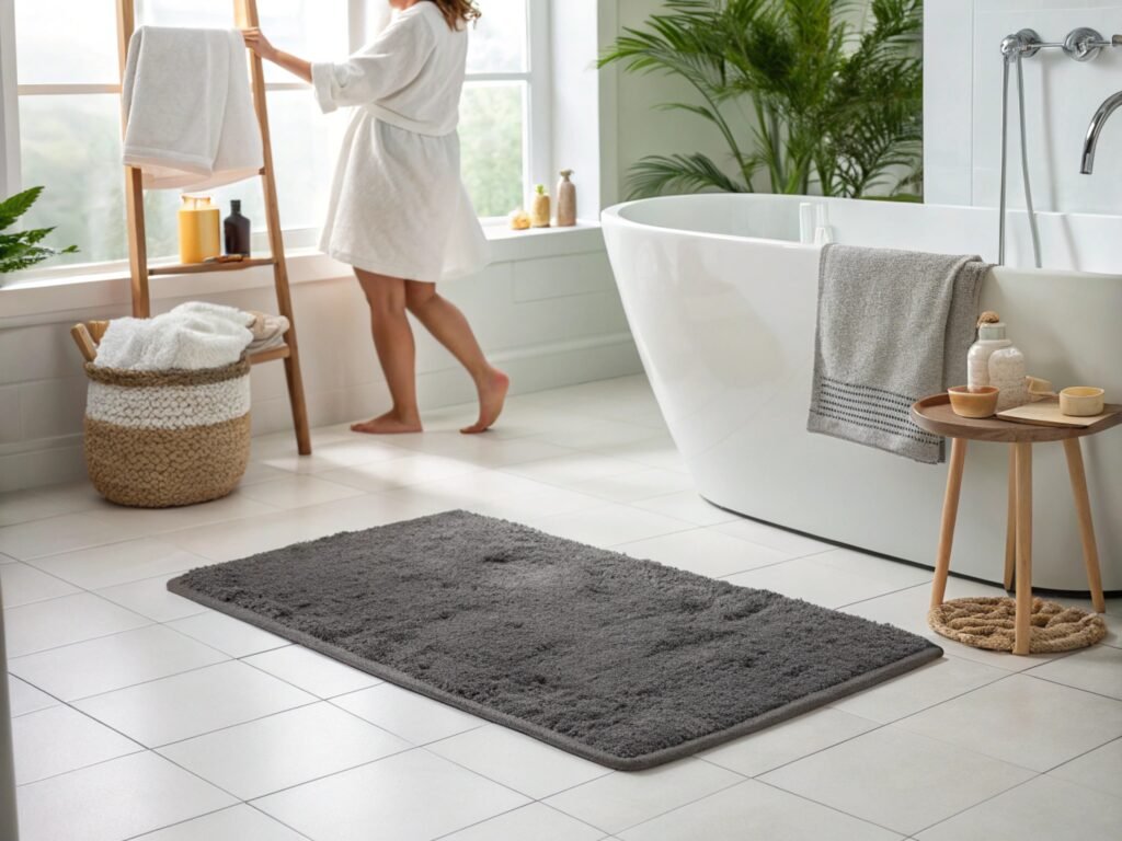 Woman’s bare feet stepping on OLANLY Bathroom Rug 30x20 — thick, plush chenille textur
