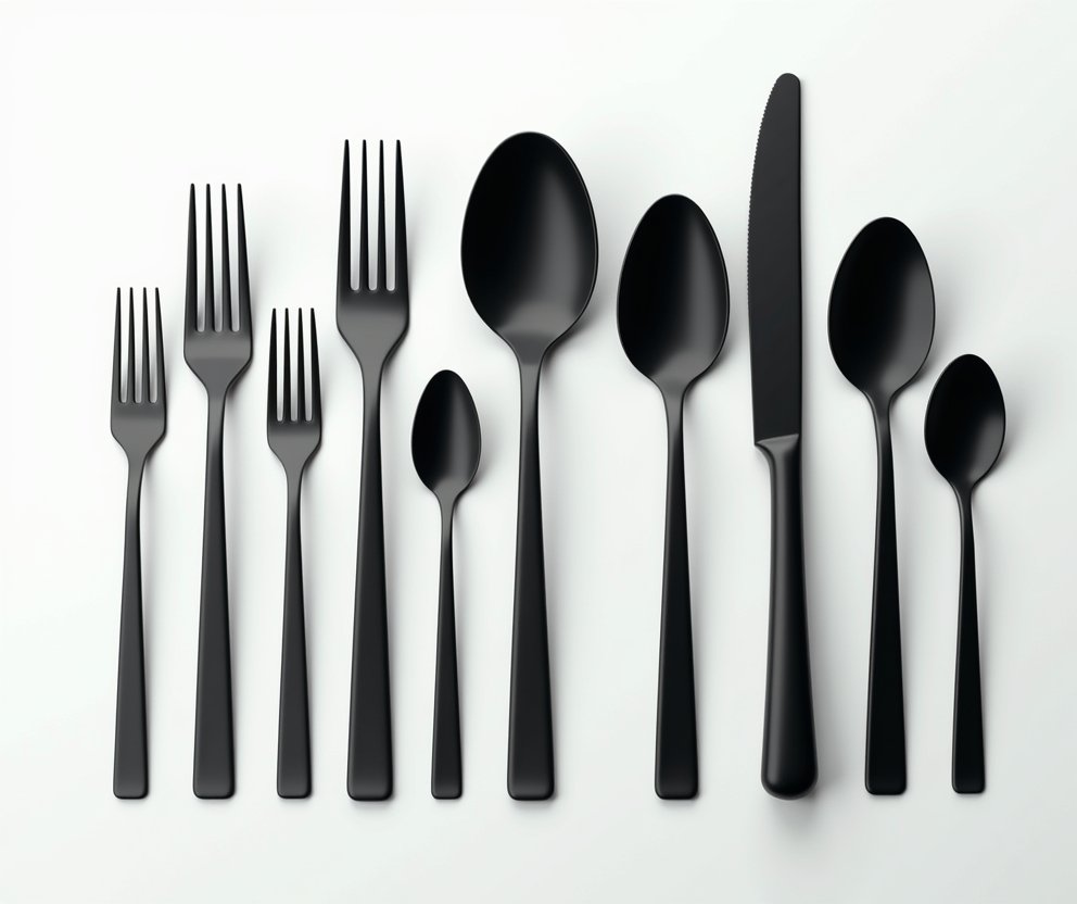 24-piece black stainless steel flatware set with steak knives, modern cutlery for 4, polished mirror finish.