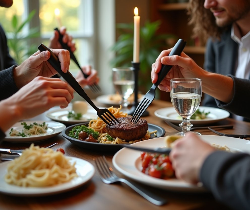 Dishwasher-safe black stainless steel silverware set, 24-piece cutlery set with steak knives.