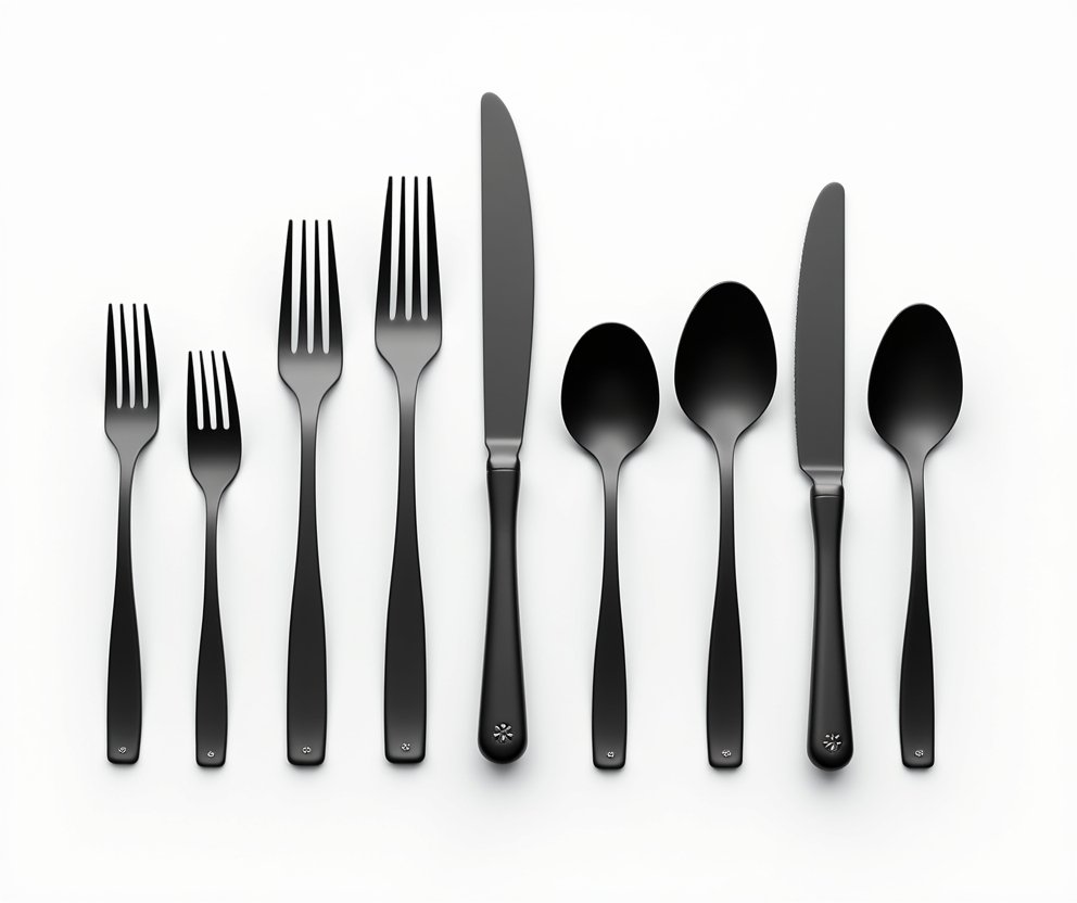 24-piece black stainless steel flatware set with steak knives, modern cutlery for 4, polished mirror finish.