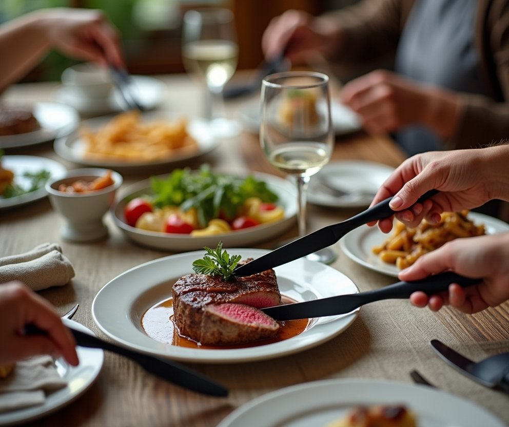 High-quality black stainless steel cutlery set, includes dinner forks, spoons, and steak knives