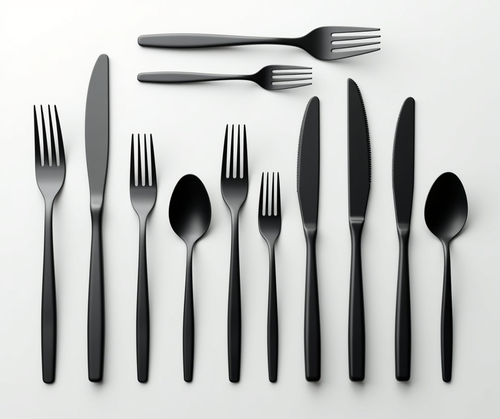 Elegant black silverware set for 4 people, includes forks, spoons, and knives with ergonomic handles.