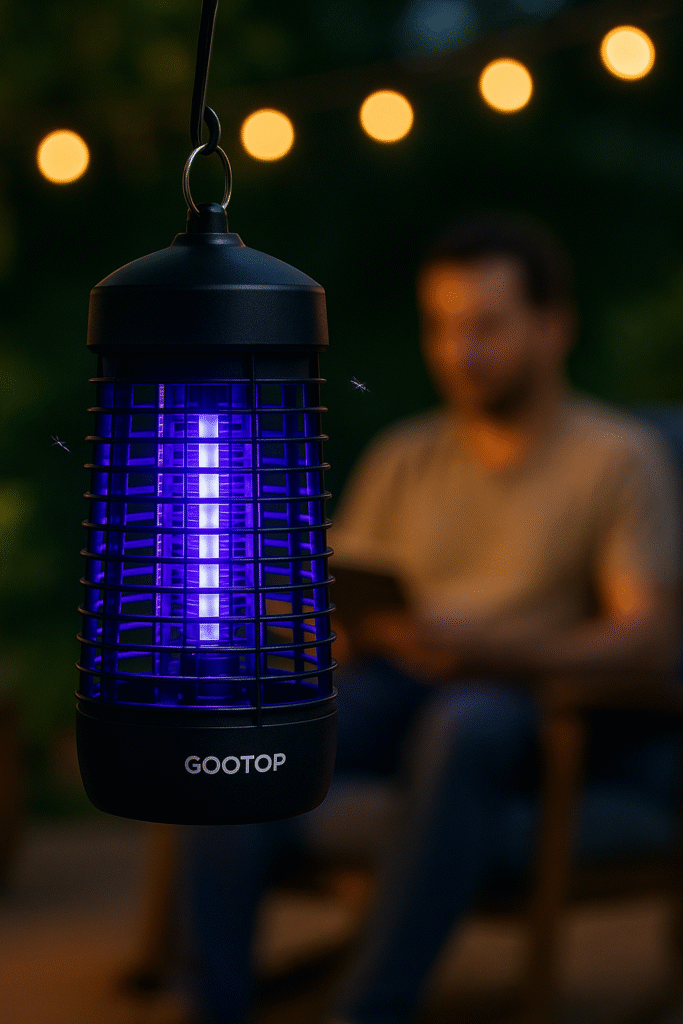 A digital photograph showcases a GOOTOP Bug Zapper in a dimly lit indoor room. The zapper emits a soft purple glow, highlighting its cylindrical design with protective ABS plastic casing. In the blurred background, a person relaxes on a couch, emphasizing the bug zapper’s discreet and home-friendly presence.