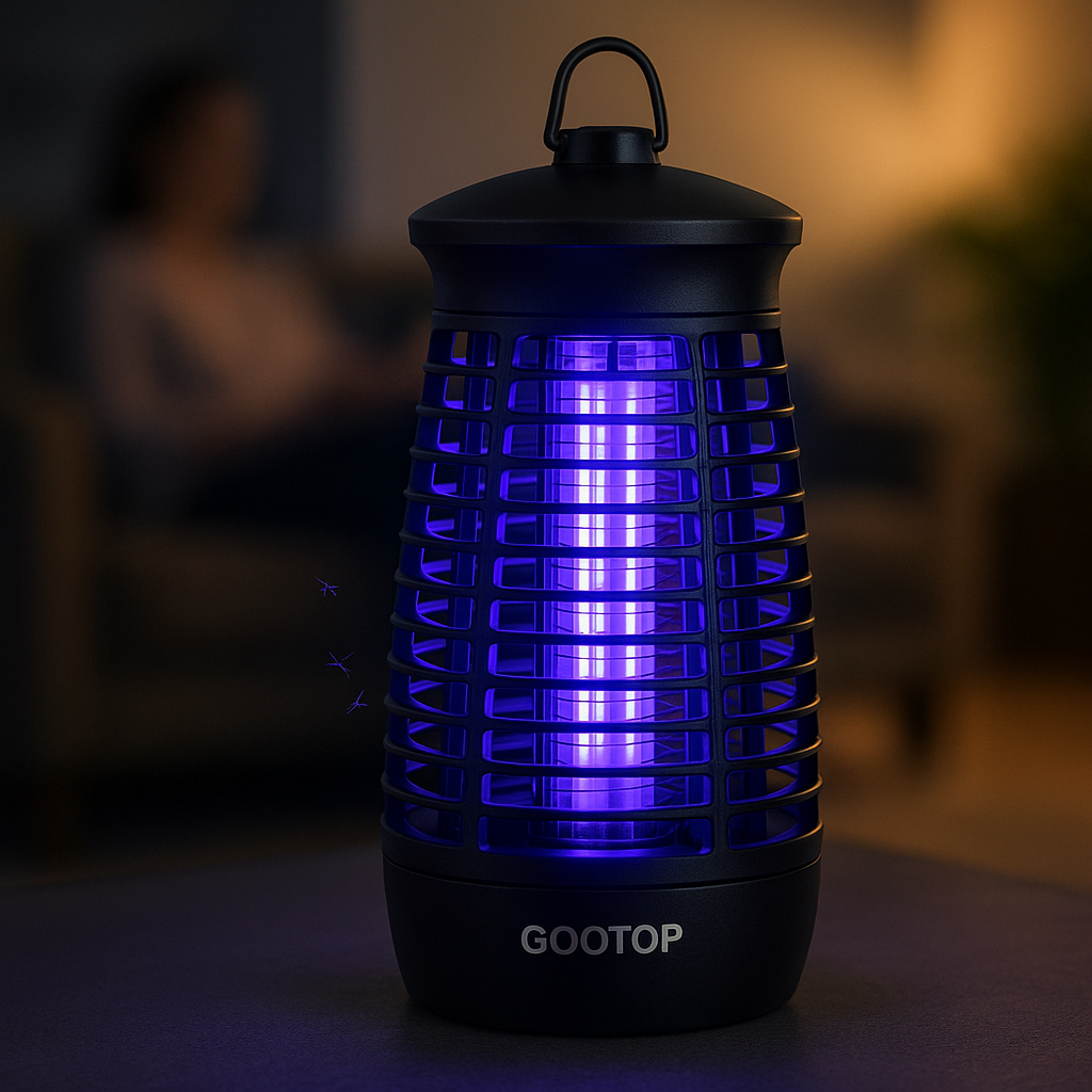 A digital photograph showcases a GOOTOP Bug Zapper in a dimly lit indoor room. The zapper emits a soft purple glow, highlighting its cylindrical design with protective ABS plastic casing. In the blurred background, a person relaxes on a couch, emphasizing the bug zapper’s discreet and home-friendly presence.