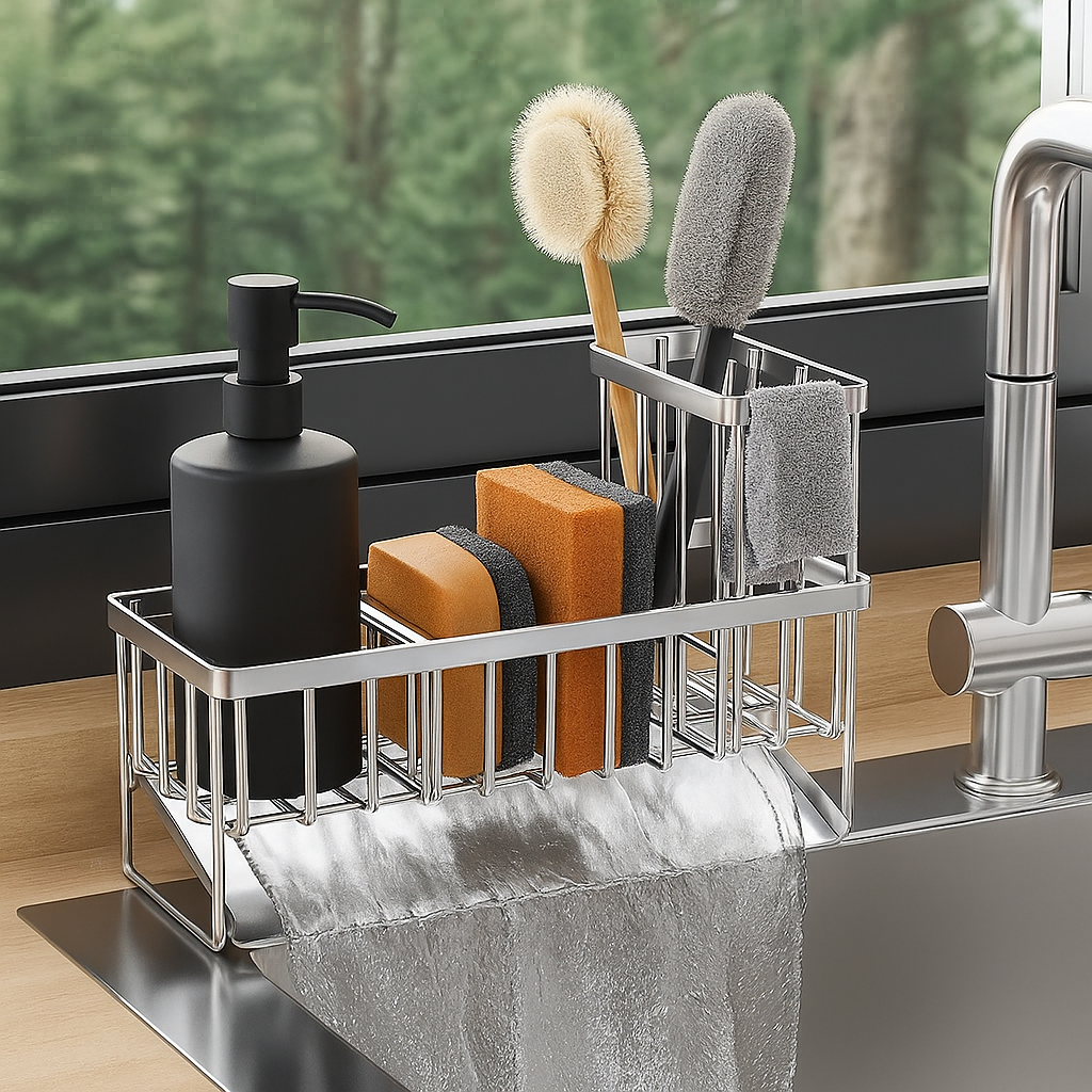 Cisily Kitchen Sink Caddy Organizer showing stainless steel compartments with sponges and brushes