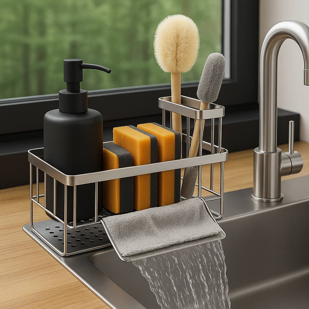 Cisily Kitchen Sink Caddy Organizer showing stainless steel compartments with sponges and brushes