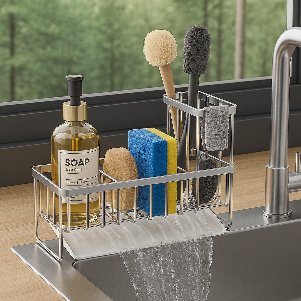 Cisily Kitchen Sink Caddy Organizer showing stainless steel compartments with sponges and brushes
