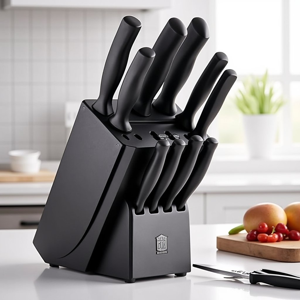 Matte black 15-piece kitchen knife set neatly arranged in a black self-sharpening knife block on a minimalist kitchen countertop. Knives have fully black non-stick blades and ergonomic anti-slip handles. Soft natural lighting highlights the sleek all-black design and modern style.