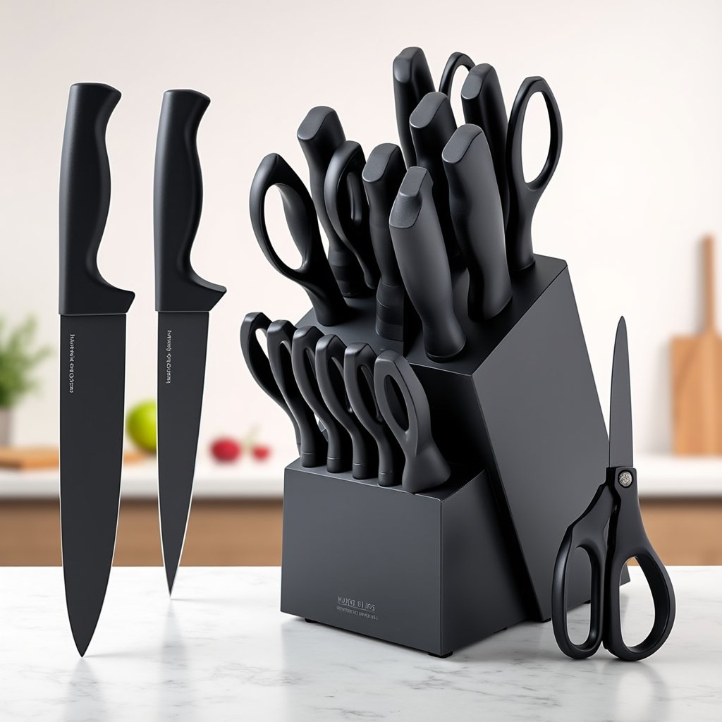 Matte black 15-piece kitchen knife set neatly arranged in a black self-sharpening knife block on a minimalist kitchen countertop. Knives have fully black non-stick blades and ergonomic anti-slip handles. Soft natural lighting highlights the sleek all-black design and modern style.