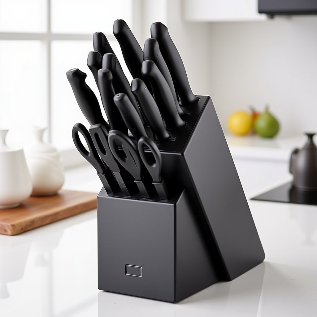 Matte black 15-piece kitchen knife set neatly arranged in a black self-sharpening knife block on a minimalist kitchen countertop. Knives have fully black non-stick blades and ergonomic anti-slip handles. Soft natural lighting highlights the sleek all-black design and modern style.