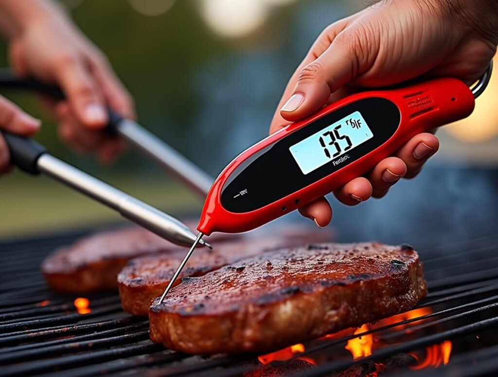 Instant read thermometer with folding stainless steel probe and backlit LCD display