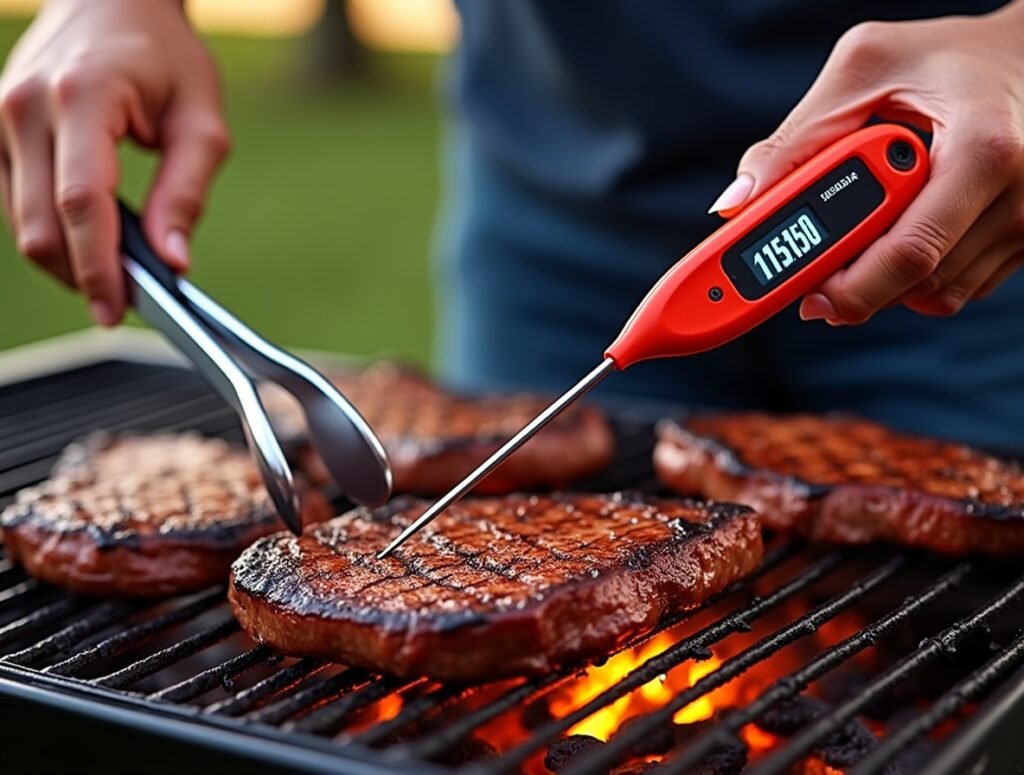 Instant read thermometer with folding stainless steel probe and backlit LCD display