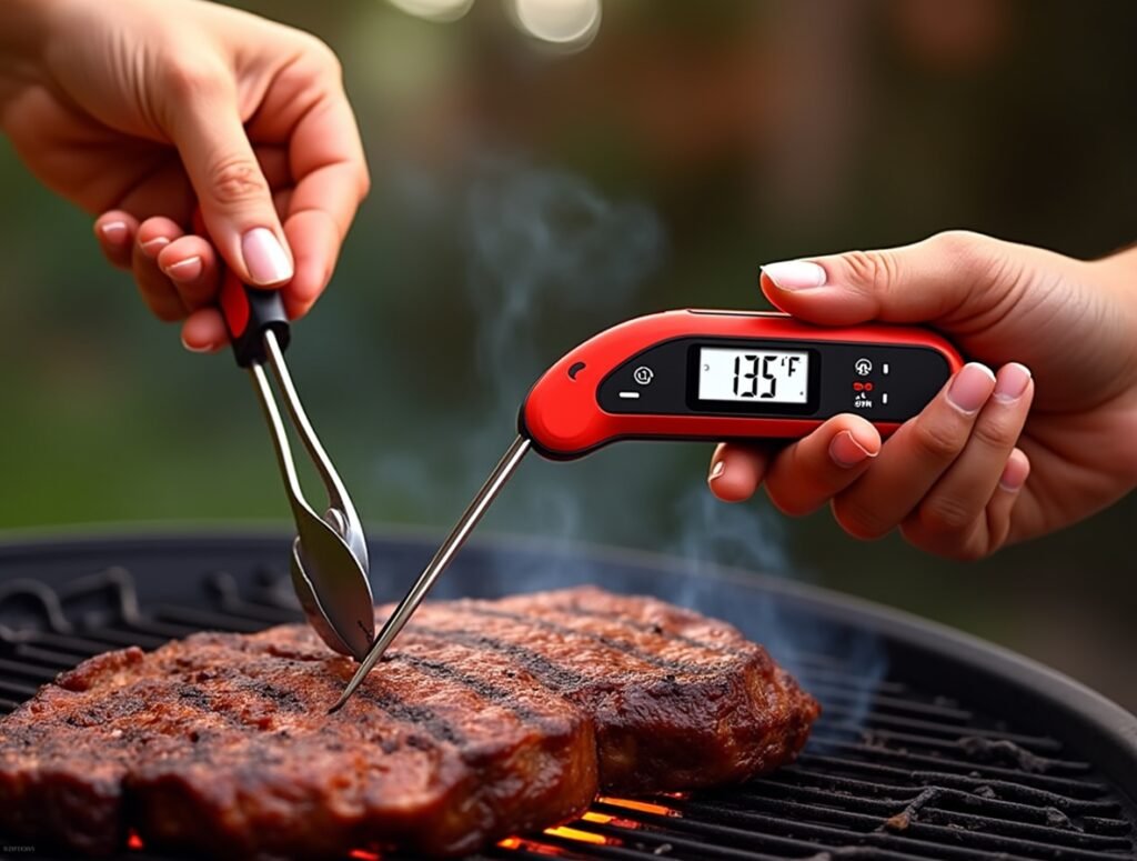 Instant read thermometer with folding stainless steel probe and backlit LCD display