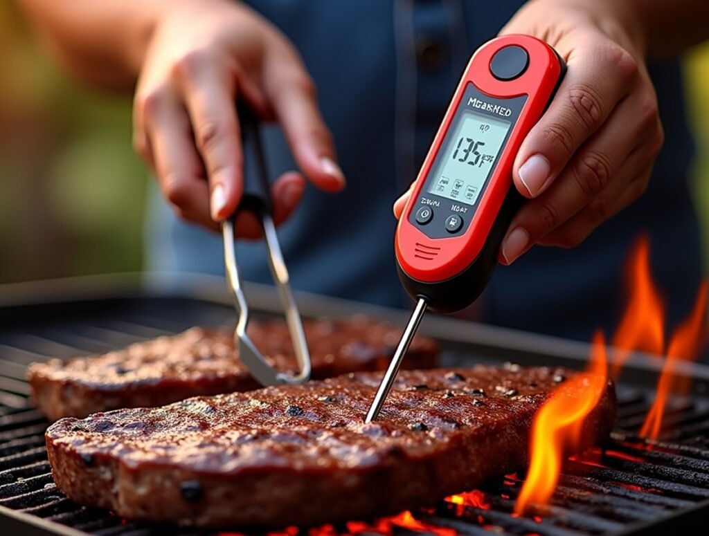 Instant read thermometer with folding stainless steel probe and backlit LCD display
