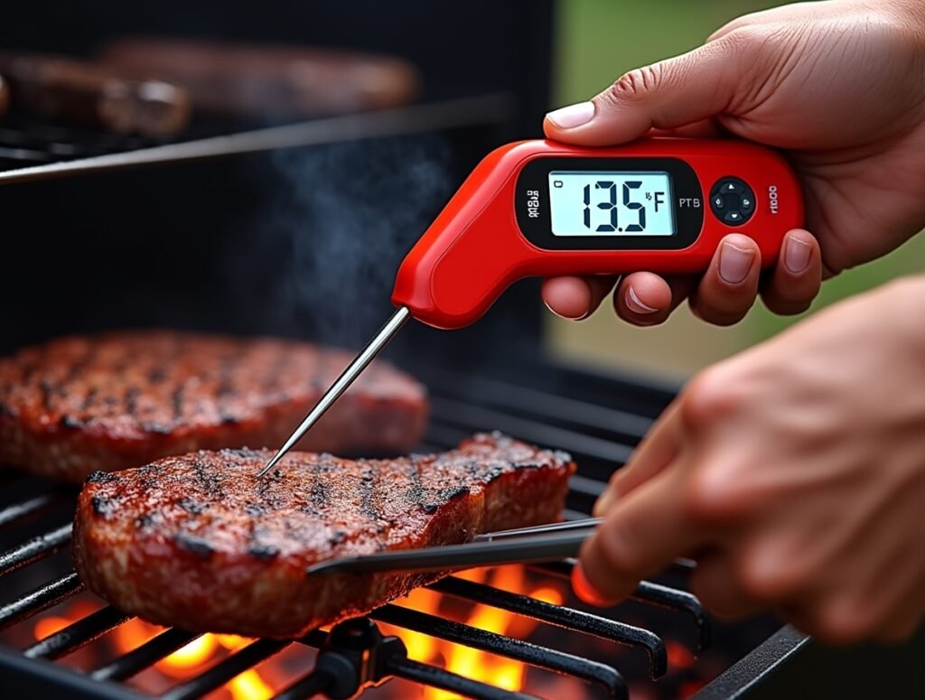 Instant read thermometer with folding stainless steel probe and backlit LCD display