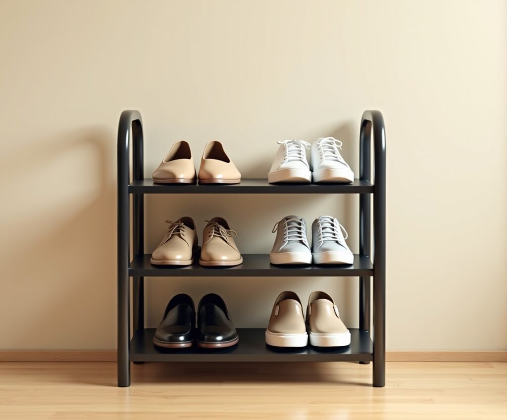 Kitsure three-tier stackable shoe rack with black non-woven fabric shelves in a modern entryway