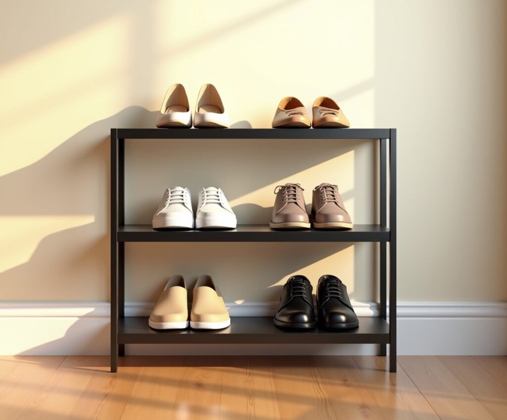 Kitsure three-tier stackable shoe rack with black non-woven fabric shelves in a modern entryway