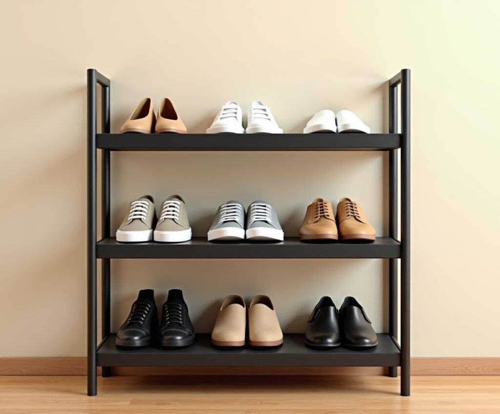 Kitsure three-tier stackable shoe rack with black non-woven fabric shelves in a modern entryway