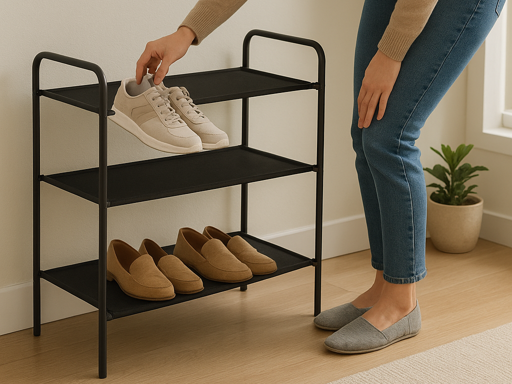 Kitsure three-tier stackable shoe rack with black non-woven fabric shelves in a modern entryway
