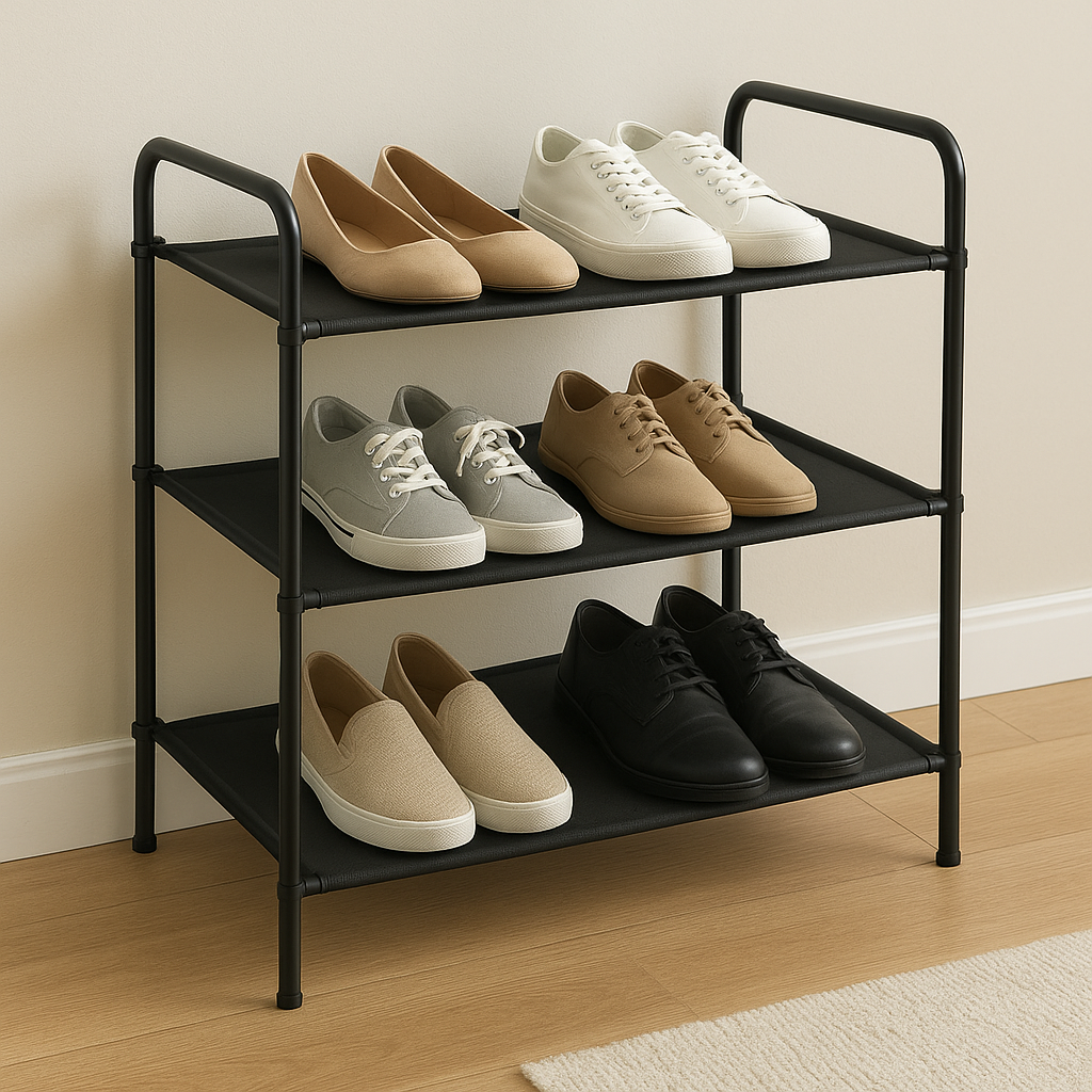 Kitsure three-tier stackable shoe rack with black non-woven fabric shelves in a modern entryway