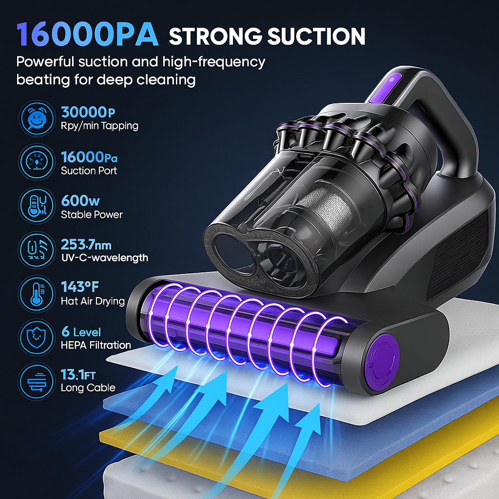Mattress Vacuum Cleaner with UV-C light and HEPA filter