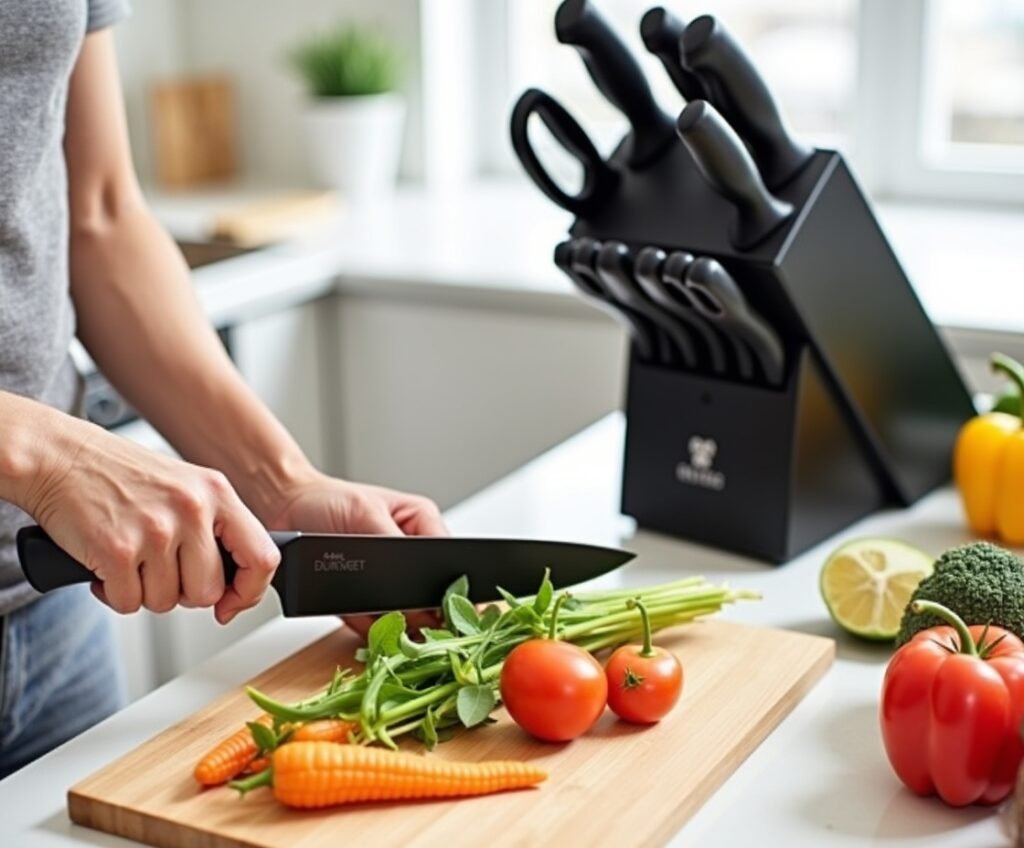 Person slicing fresh vegetables with a matte black 8-inch chef’s knife from a 15-piece kitchen knife set in a modern kitchen. Knife has fully black non-stick blade and ergonomic handle. Black self-sharpening knife block visible in the background on a bright countertop with natural lighting.