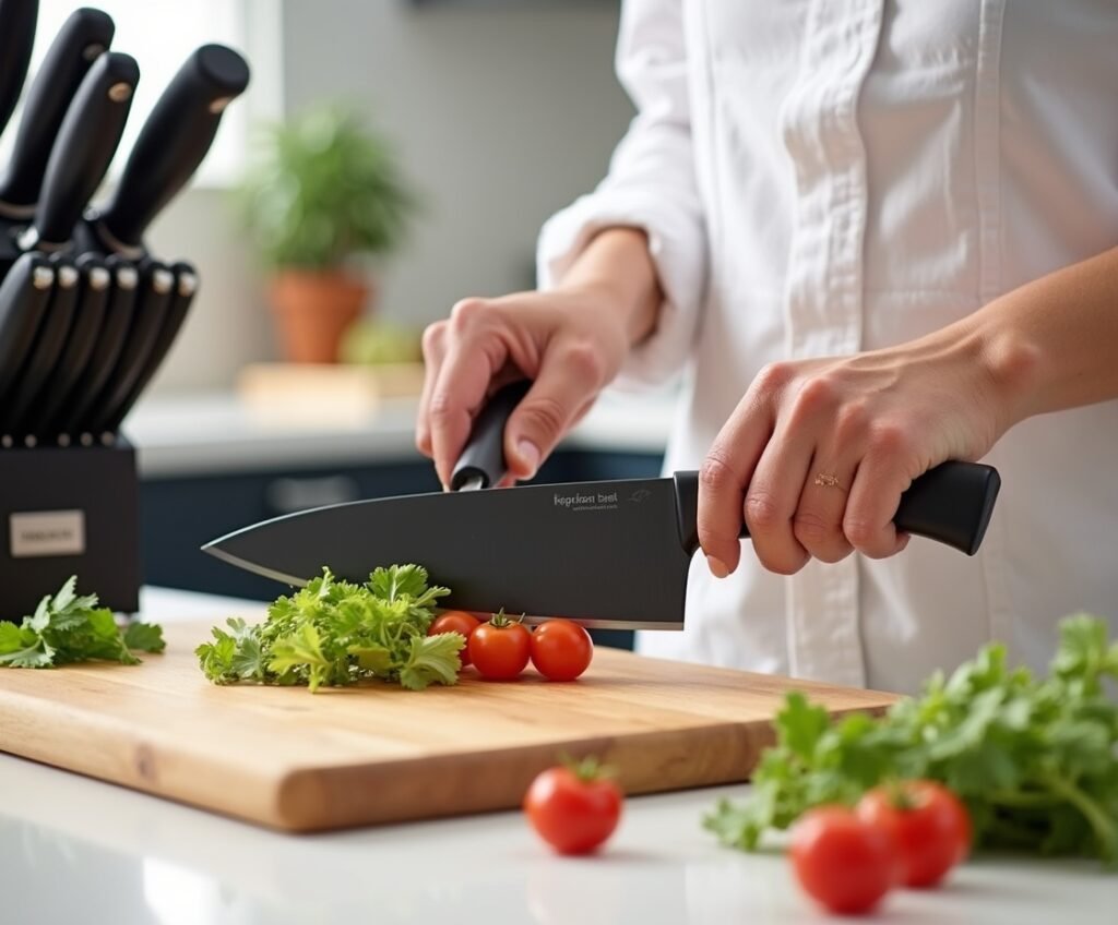 Person slicing fresh vegetables with a matte black 8-inch chef’s knife from a 15-piece kitchen knife set in a modern kitchen. Knife has fully black non-stick blade and ergonomic handle. Black self-sharpening knife block visible in the background on a bright countertop with natural lighting.