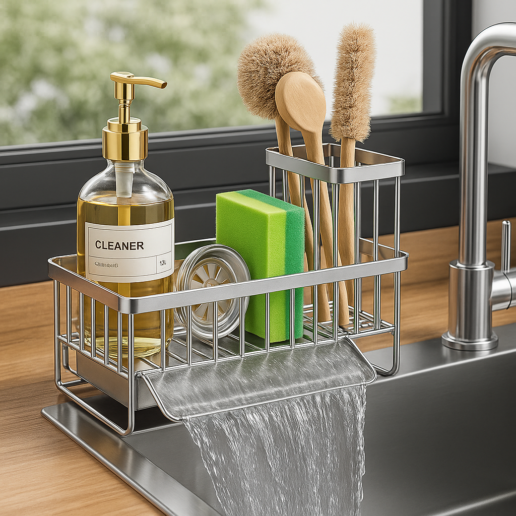 Cisily Kitchen Sink Caddy Organizer showing stainless steel compartments with sponges and brushes
